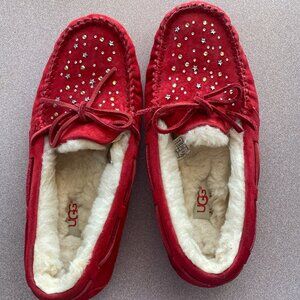 UGG Australia Women rhinestone fur Red flat slippers moccasin shoes size 7
